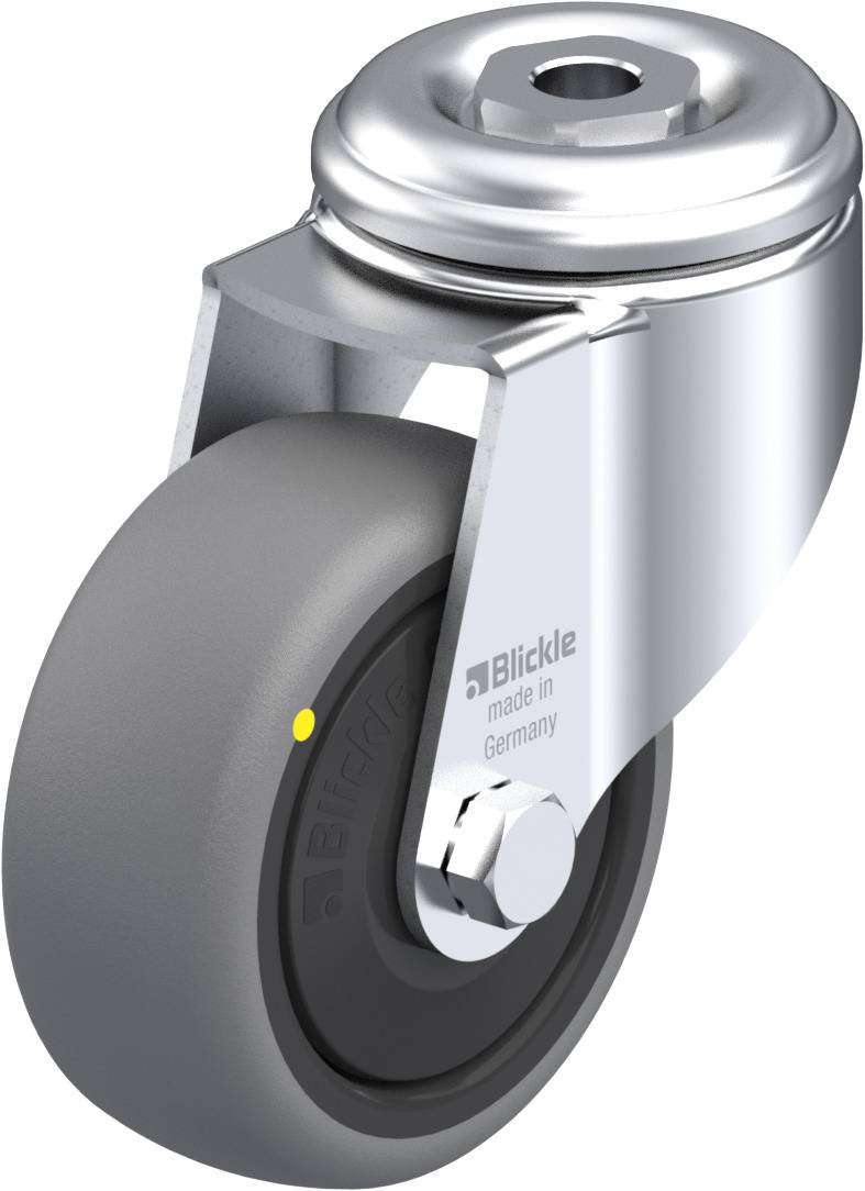 Lenkrolle aus Metall mit grauem Rad, 'Blickle' Branding zu sehen, hergestellt in Deutschland. Ideal für Möbel oder Industrieanwendungen.