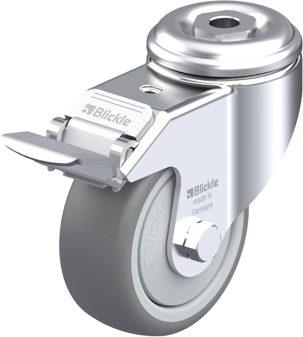 Industrie-Lenkrolle aus Metall mit grauem Rad, gebremst, mit dem Logo 'Blickle' und 'made in Germany' auf der Seitenfläche.