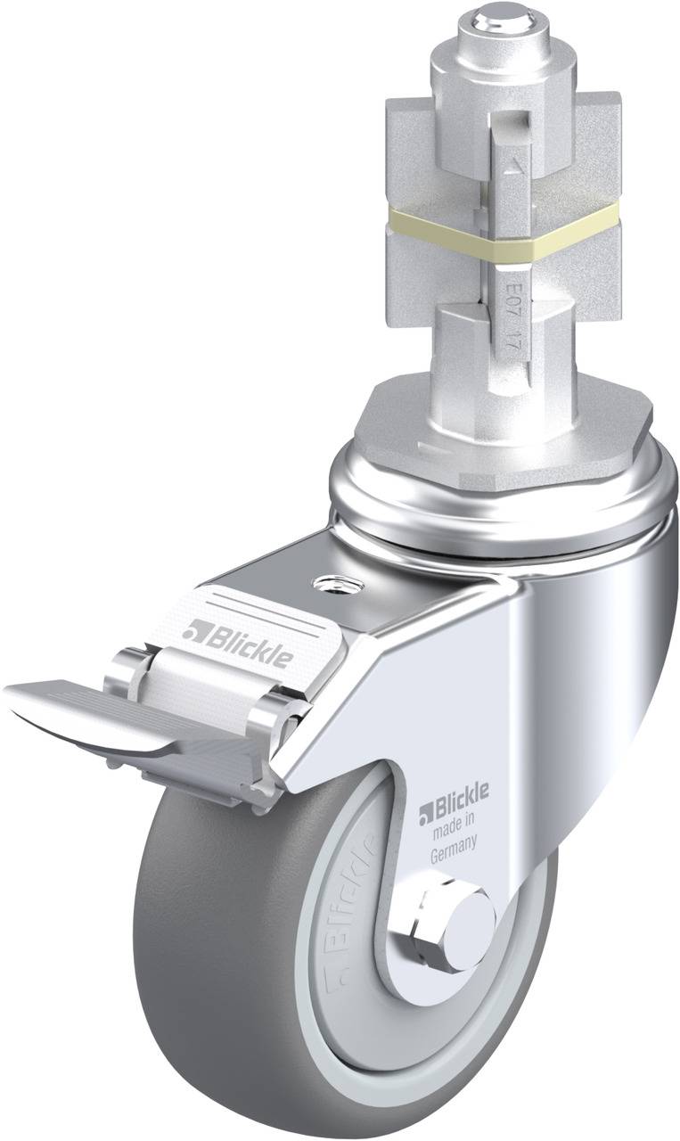 Schwenkrolle mit grauem Rad, silbernem Gehäuse und Bremse, geeignet für robuste Industriemöbel.