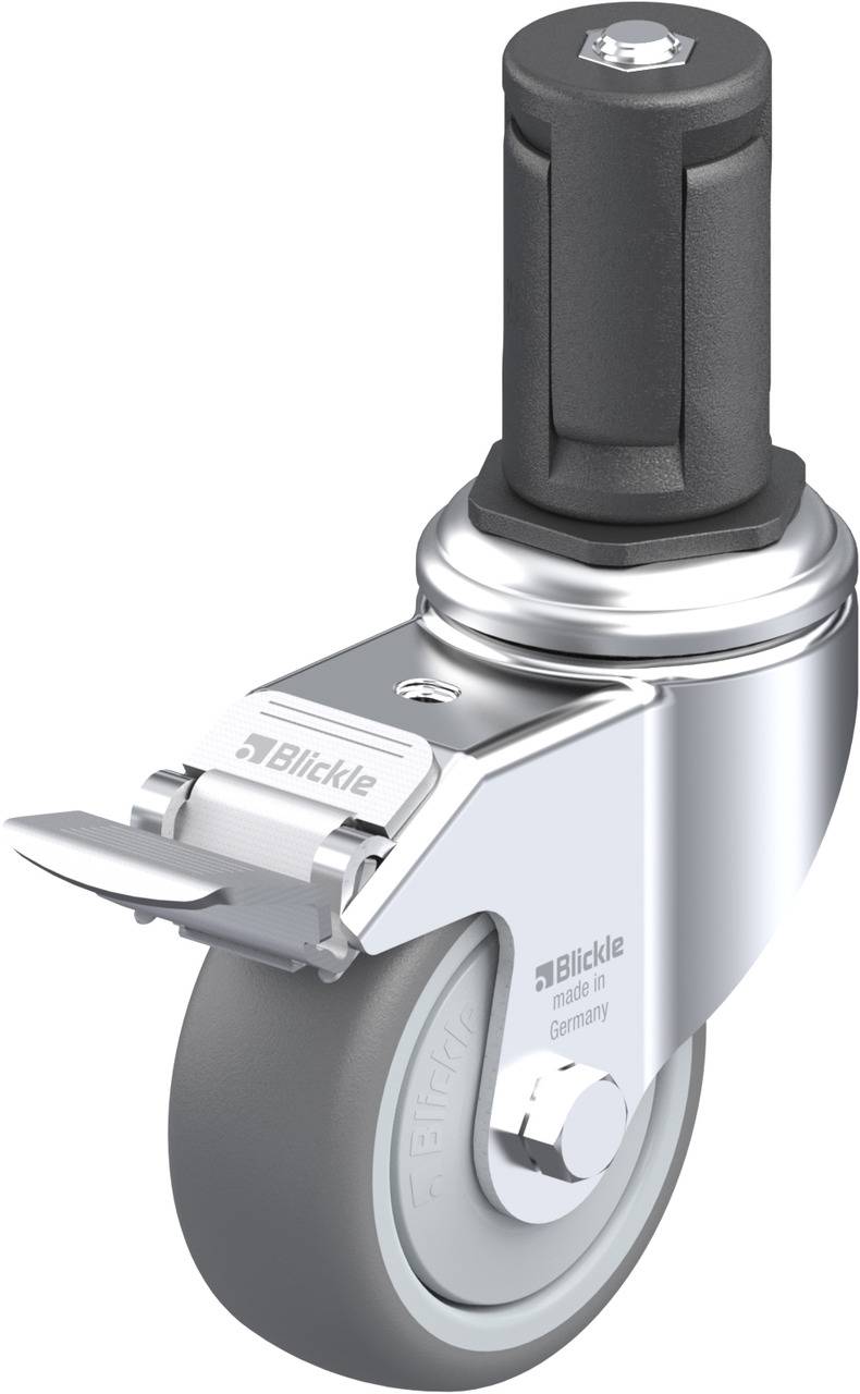 Schwenkrolle aus Metall mit grauem Kunststoffrad, Feststellbremse und einrastbarem Stecksystem, geeignet für Möbel oder Geräte.