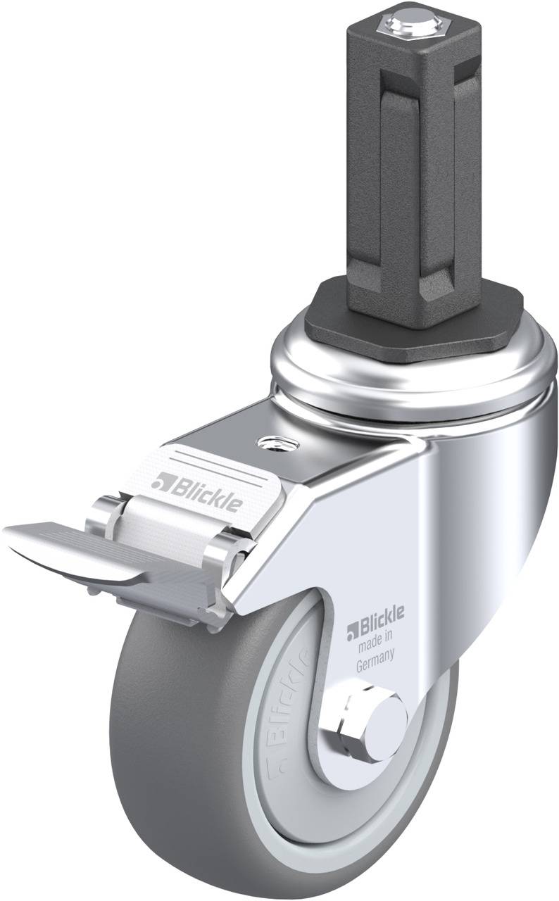 Industriekonsole mit lenkbarem Rad und Feststellbremse, glänzendem Metallkörper und grauem Rad.