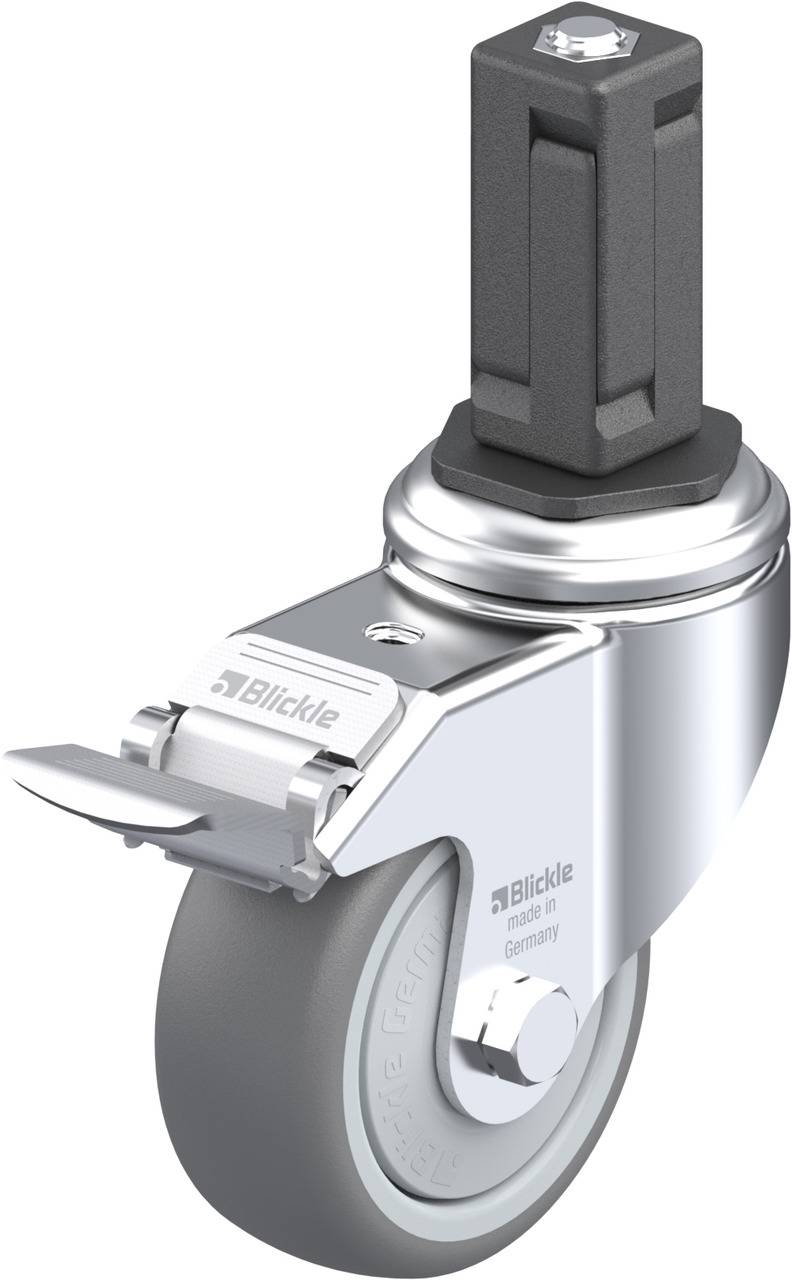 Grau-schwarzes Schwenkrolle mit Feststeller und Metallgehäuse, geeignet für industrielle Anwendungen.