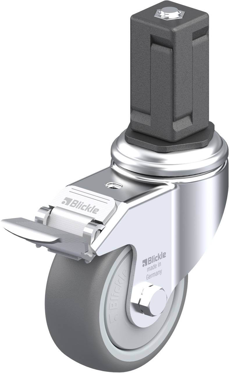 Schwenkrolle aus Metall mit grauem Rad und Feststellhebel, geeignet für Möbel oder Transportwagen.