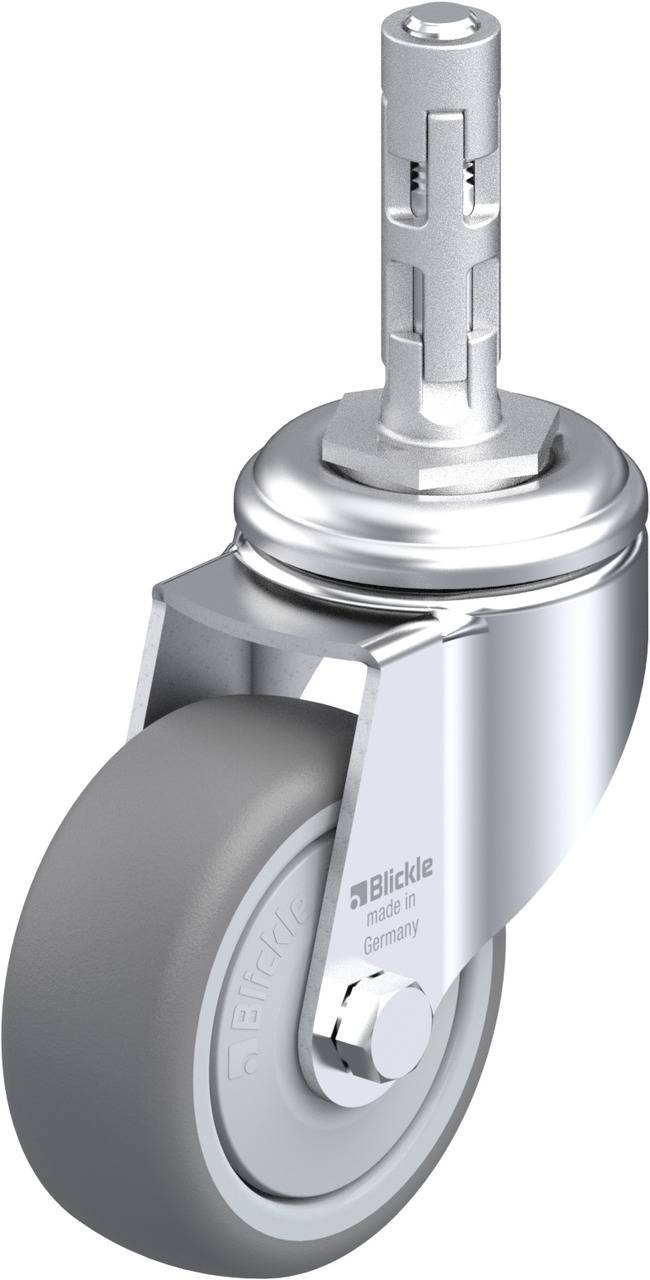 Silbernes Rollrad mit grauem Rad und maßgeschneiderter Halterung, hergestellt in Deutschland, ideal für Möbel oder Geräte.