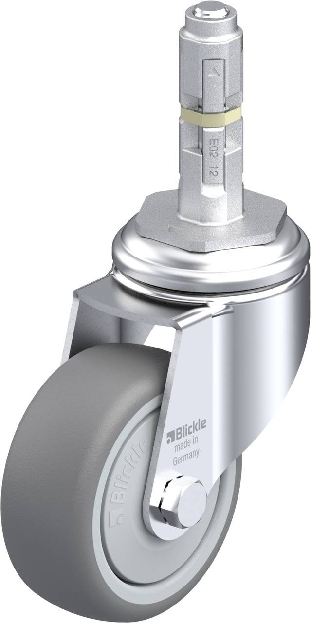 Graue Lenkrolle mit Metallgehäuse und Stiftbefestigung. Geeignet für den Einsatz in Möbeln oder Geräten.