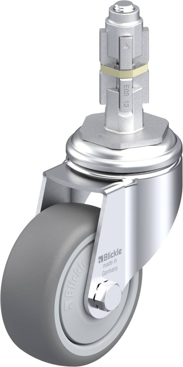 Grau-schwarze Schwerlastrolle mit silbernem Metallgehäuse und drehbarem Schaft. Geeignet für industrielle Anwendungen.