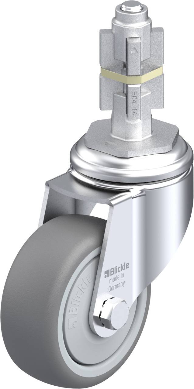 Schwenkrolle mit grauem Rad und silbernem Gehäuse, geeignet für glatte Böden. Markiert mit Herstellername 'Blickle' und Spezifikationen.