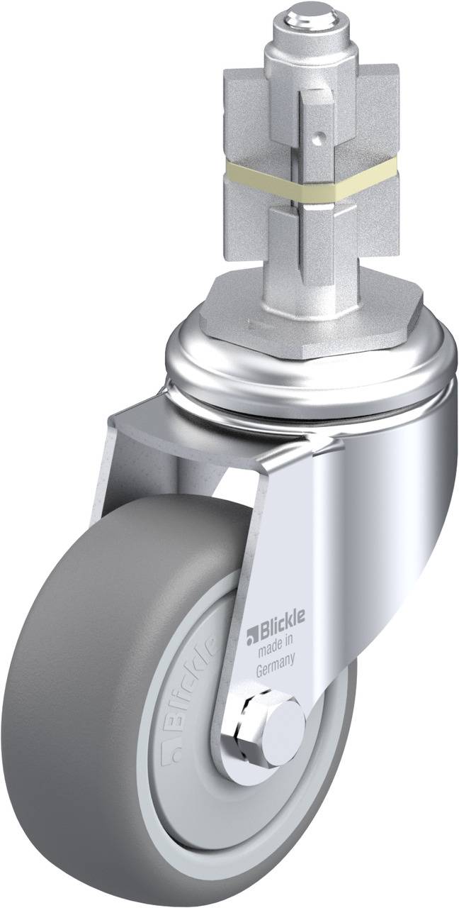 Lenkrolle mit grauem Rad, Metallgehäuse und Aufschrift 'Blickle made in Germany'.