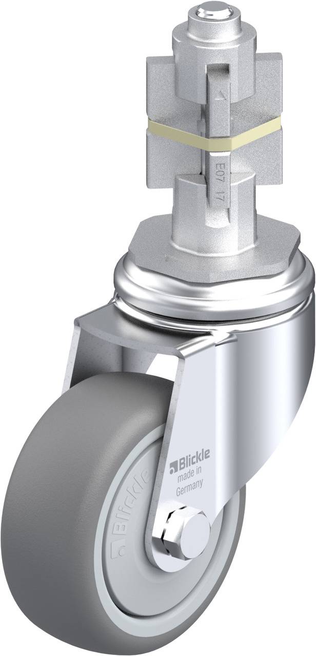Grauer Drehstuhl-Rollenfuß aus Metall mit Gummirad, geeignet für Büromöbel. Markenname 'Blickle' sichtbar.