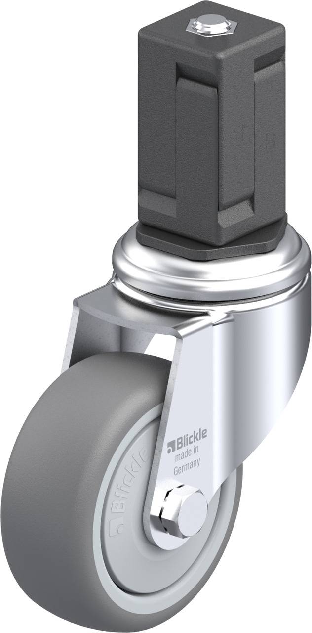 Einzelne graue Lenkrolle mit rechteckiger Befestigung, metallisch glänzend, Marke 'Blickle' auf dem Rad eingeprägt.