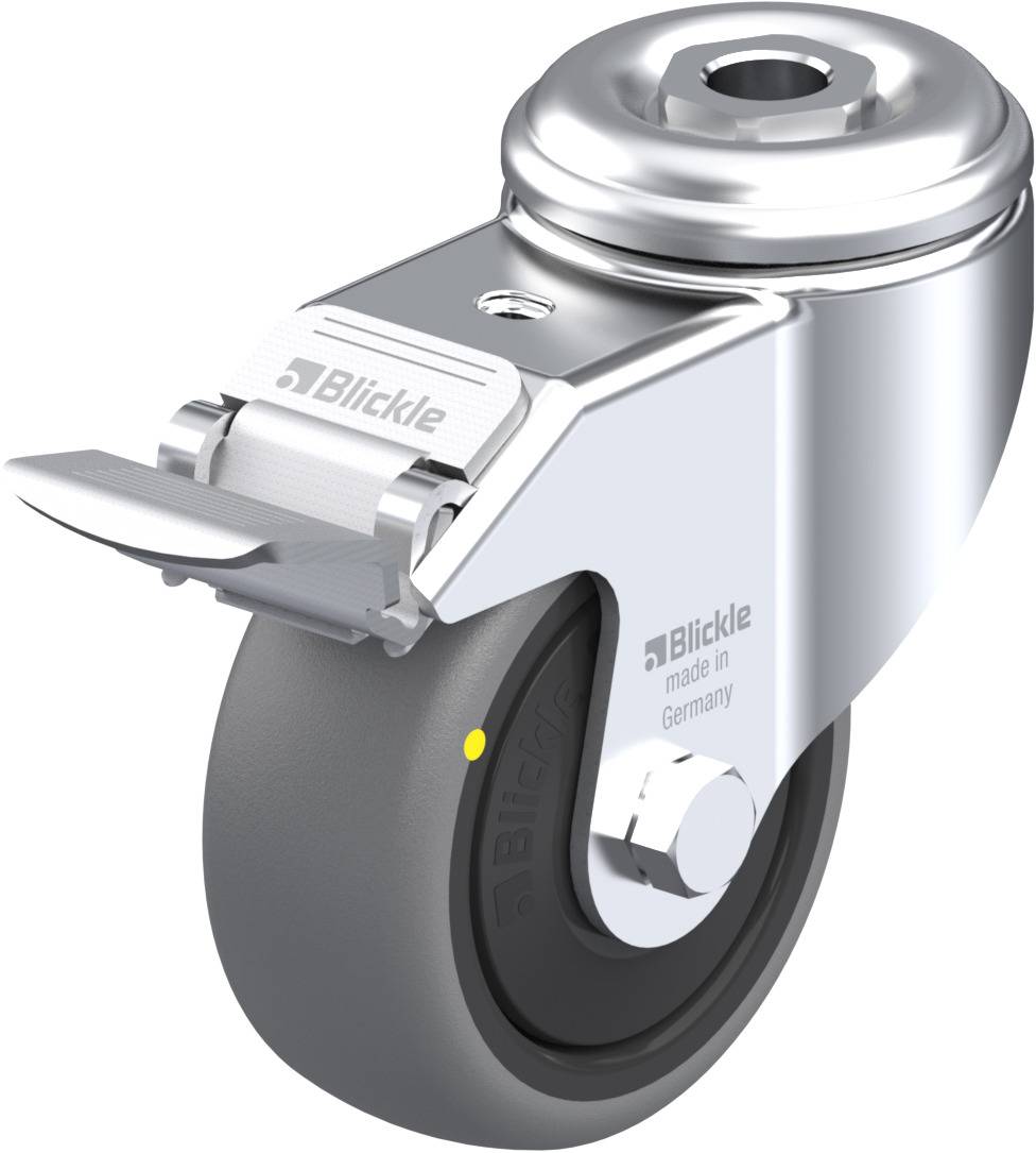 Industrie-Schwenkrolle aus Metall mit schwarzem Rad, Feststeller und dem Logo 'Blickle made in Germany'.