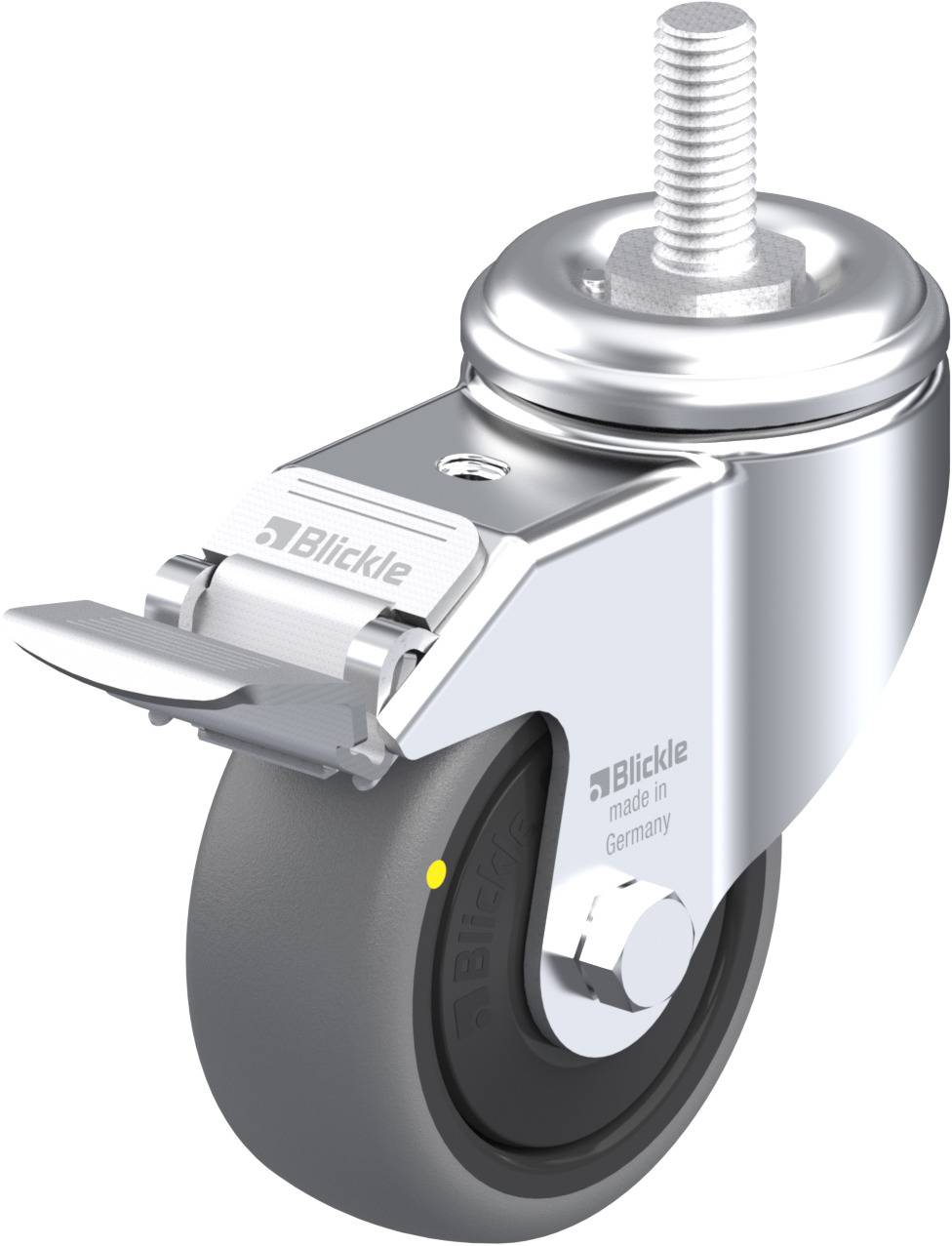 Drehbare Rolle mit grauem Rad, silbernem Gehäuse und einem Stift zur Befestigung. Oben ist 'Blickle made in Germany' zu sehen.