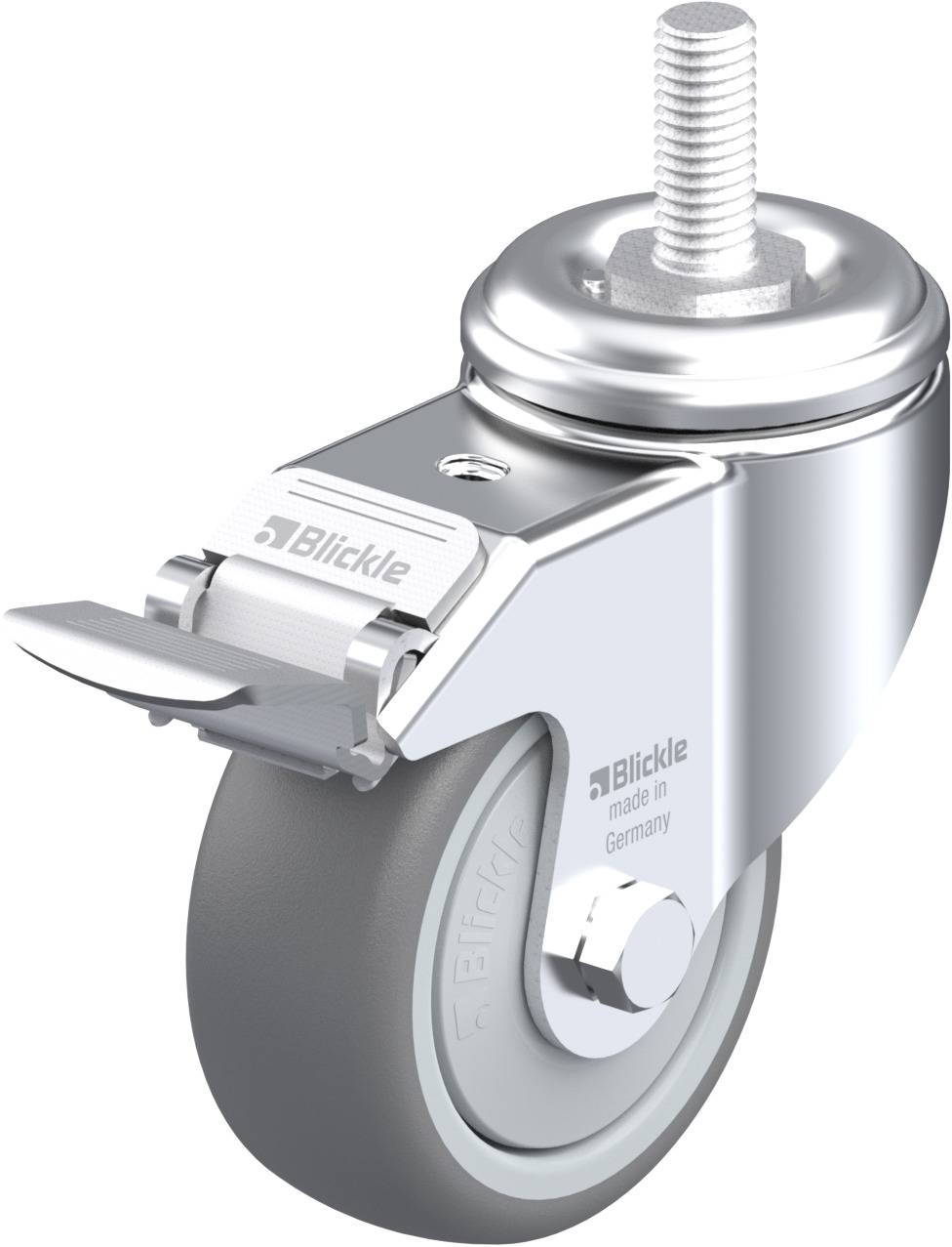 Schwenkrolle mit grauem Rad und Gewindestift, aus glänzendem Metall, mit Aufschrift 'Blickle made in Germany'.