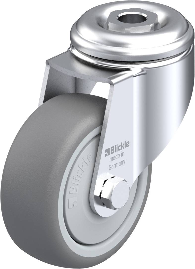 Eine graue Laufrolle mit einer glänzenden Metallhalterung. Auf der Rolle steht 'Blickle made in Germany'.