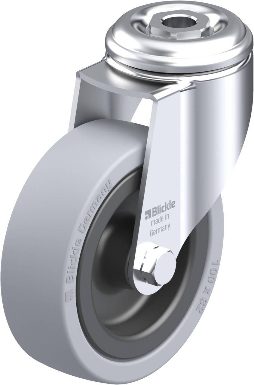 Graue schwere Lenkrolle aus Metall und Gummi von 'Blickle', mit Aufschrift 'made in Germany', für belastbare Anwendungen.