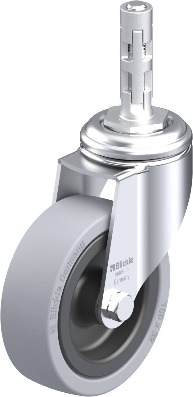 Eine silberne Lenkrolle mit grauem Rad, geeignet für industrielle Anwendungen. Text auf der Rolle zeigt die Marke 'Blickle'.