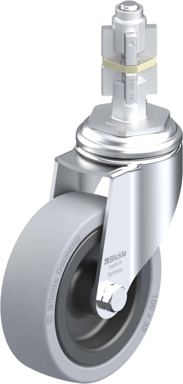 Industrie-Lenkrolle mit grauem Rad, glänzendem Metallgehäuse und Befestigungsstift für Geräte oder Möbel.