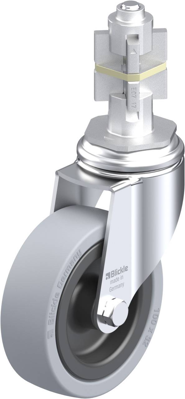 Graue Lenkrolle aus Metall mit Bremse; Markenname 'Blickle' sichtbar auf der Radfläche.