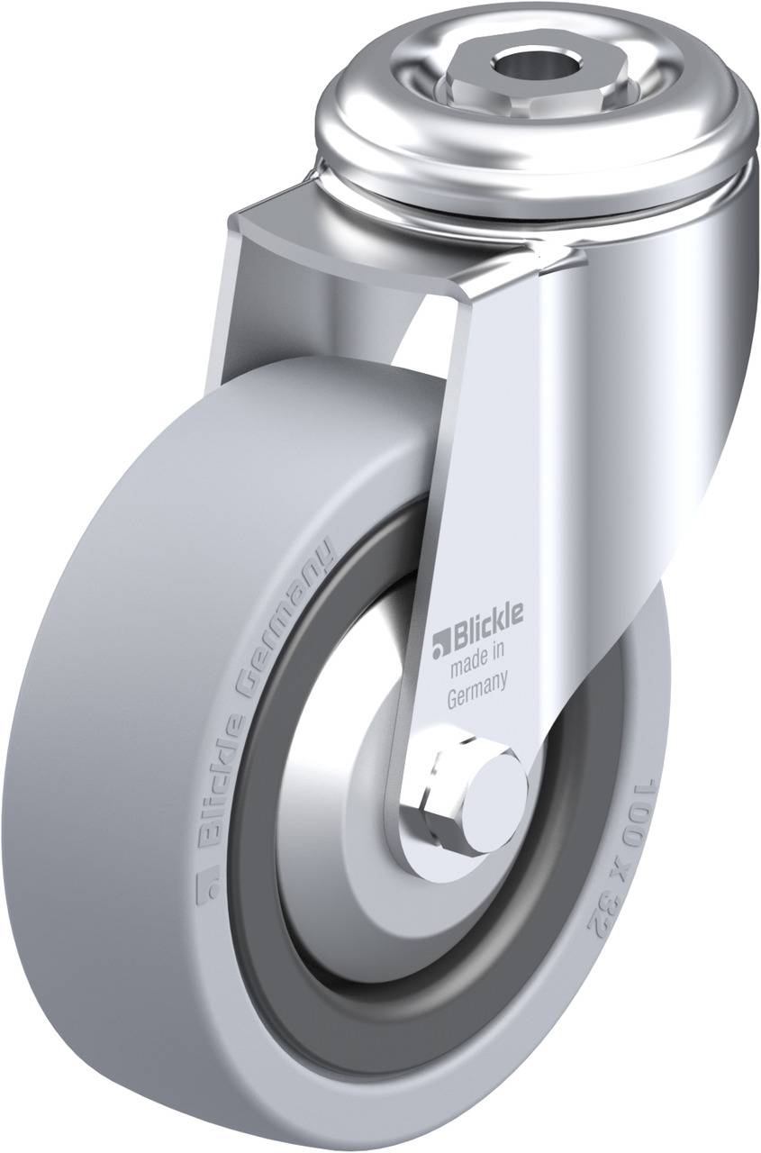 Drehbares Rad mit grauem Gummirad und Befestigung aus Metall. Aufschrift 'Blickle made in Germany' sichtbar auf dem Rad.
