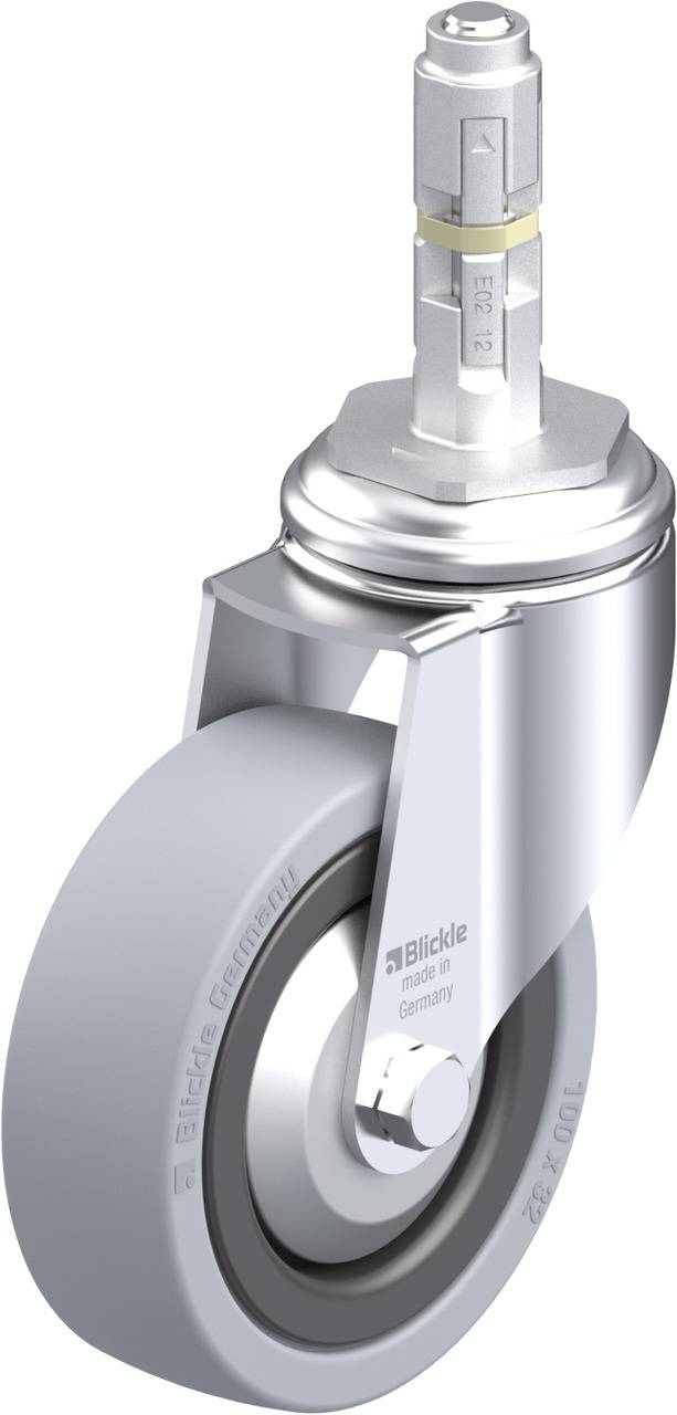 Graue Lenkrolle mit Metallgehäuse und Stift zur Befestigung. Geeignet für industrielle Anwendungen.