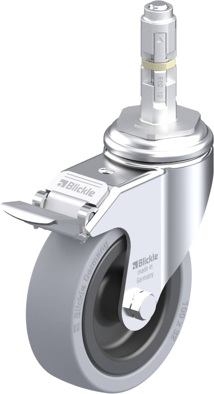 Schwenkrolle mit Bremse und grauem Rad, geeignet für Transportwagen. Helle Oberfläche, solide und funktionales Design.