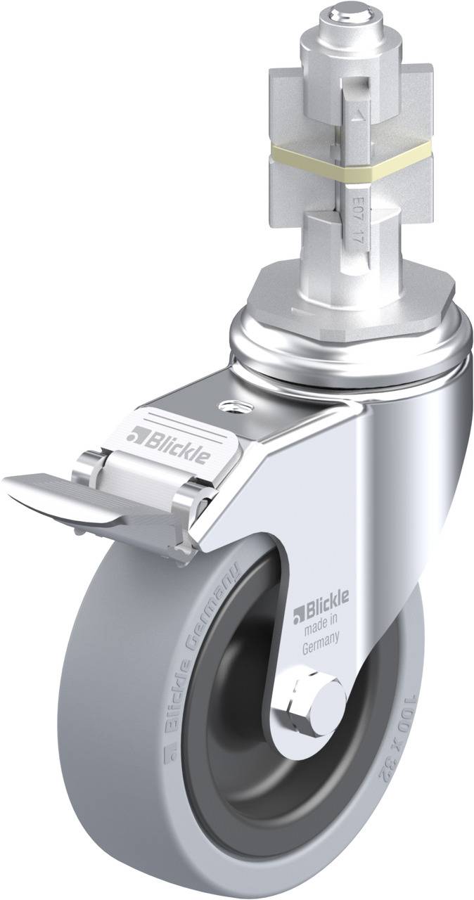 Industrie-Lenkrolle mit Bremse, graues Rad, silbernes Gehäuse; von der Marke Blickle, geeignet für verschiedene Geräte und Anwendungen.