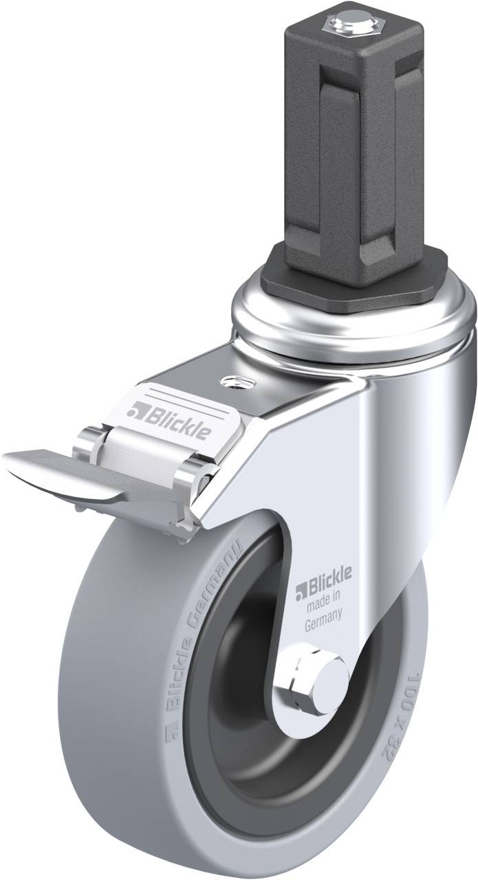 Graue Apparaterolle mit rechteckigem Befestigungsstift und Bremse, Markenname 'Blickle' sichtbar.