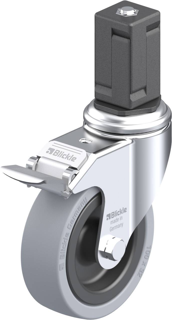 Schwenkrolle aus Metall mit grauem Rad und Feststellbremse, hergestellt von Blickle in Deutschland. Hauptsächlich für industrielle Anwendungen.