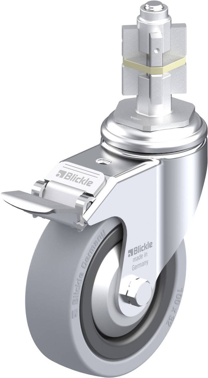 Graues drehbares Industriellenkasterrad mit Bremse und Befestigungsvorrichtung, Text 'Blickle' und 'Made in Germany'.