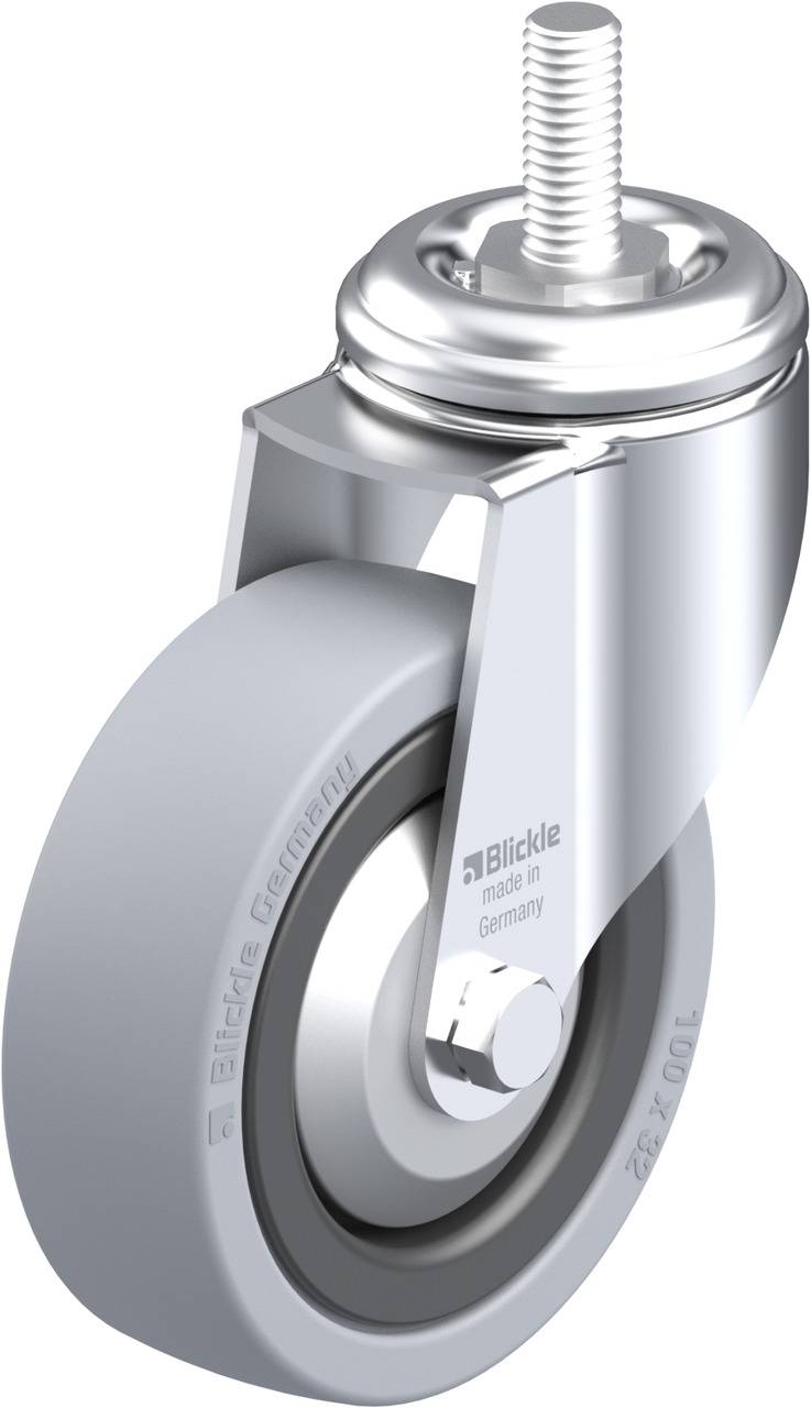 Grauer, drehbarer Lenkrad mit festem Metallgehäuse und integriertem Bolzen. Logo 'Blickle Germany' an der Seite sichtbar.