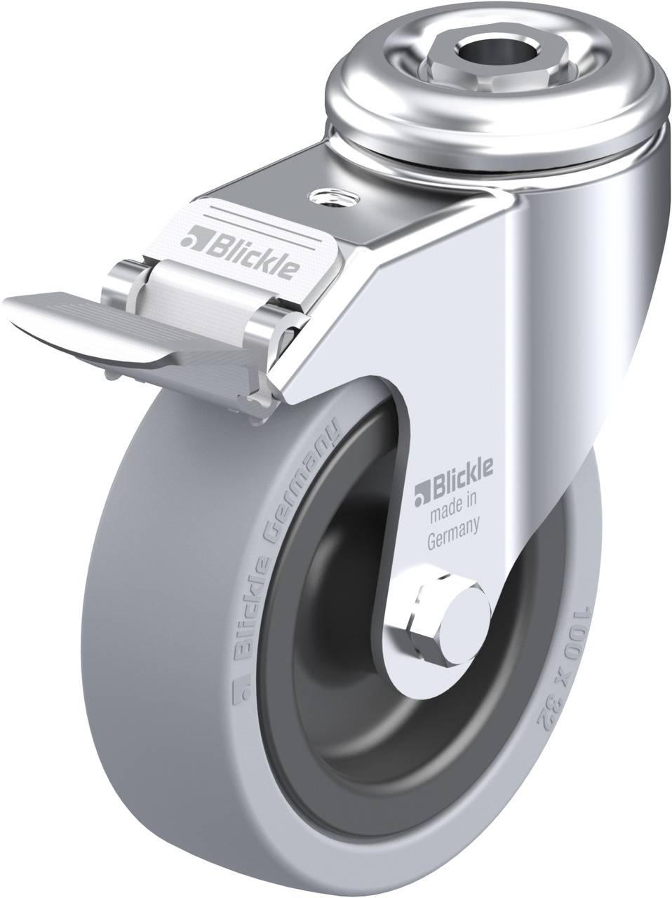 Stahlrolle mit Lenkgehäuse und Feststellbremse, hergestellt in Deutschland, geeignet für industrielle Anwendungen und schwere Lasten.