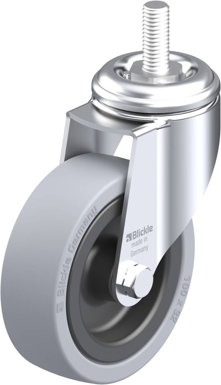 Industrie-Lenkrolle mit grauem Rad, silbernem Gehäuse und einem Gewindestift oben zur Befestigung. Aufschrift: 'Blickle, made in Germany'.