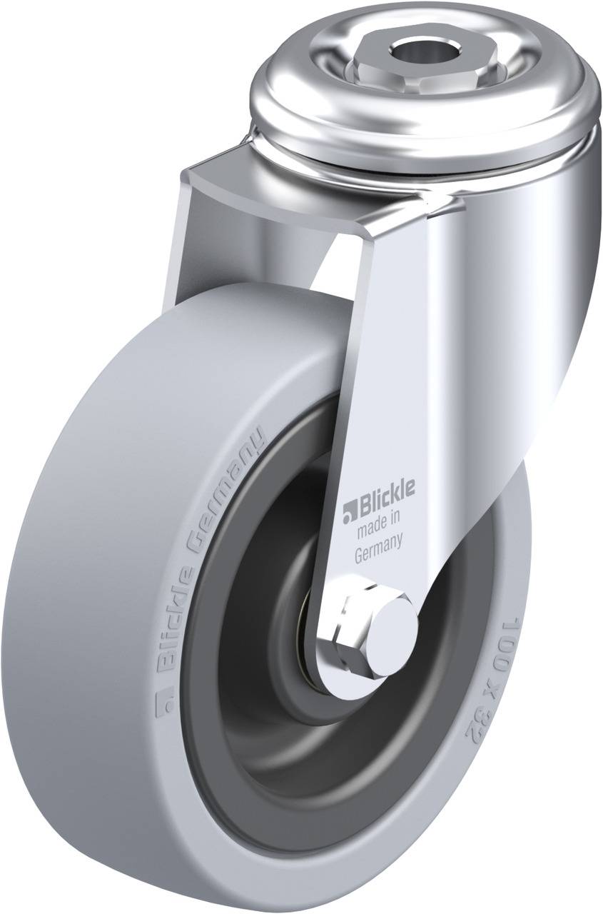 Rolle mit grauem Gummirad und glänzendem Metallgehäuse mit der Aufschrift 'Blickle made in Germany'.