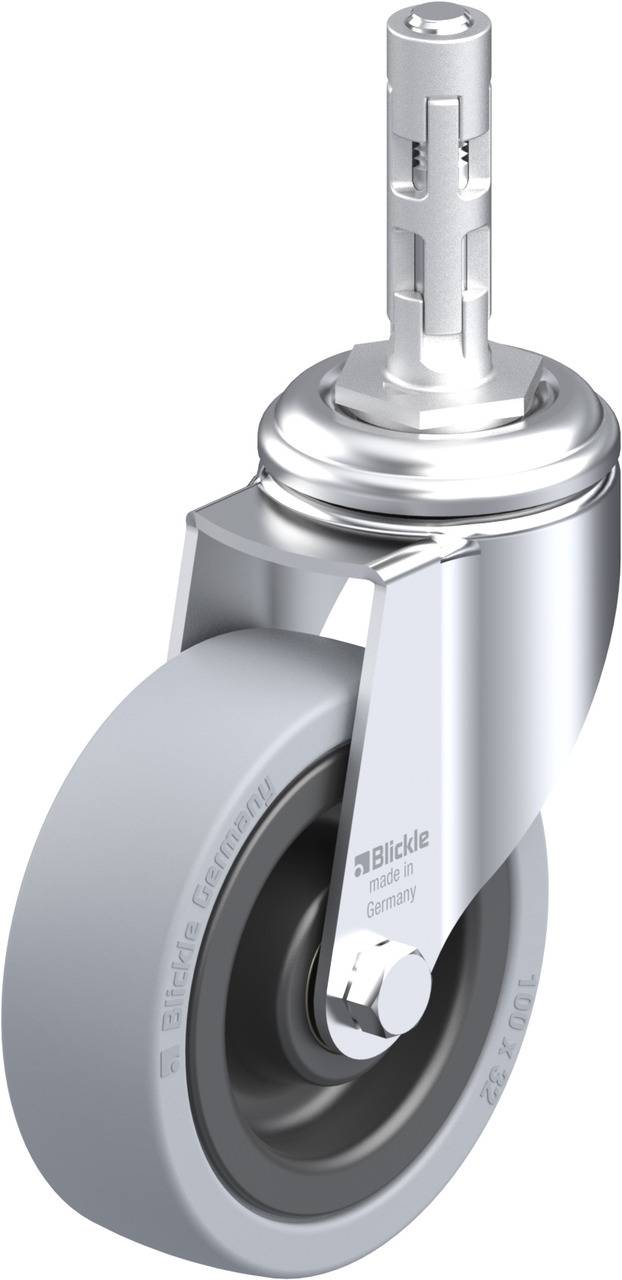 Silbernes Lenkrollenrad mit grauem Reifen und Steck- und Mitnehmerzapfenadapter, geeignet für Bürostühle oder Möbel.