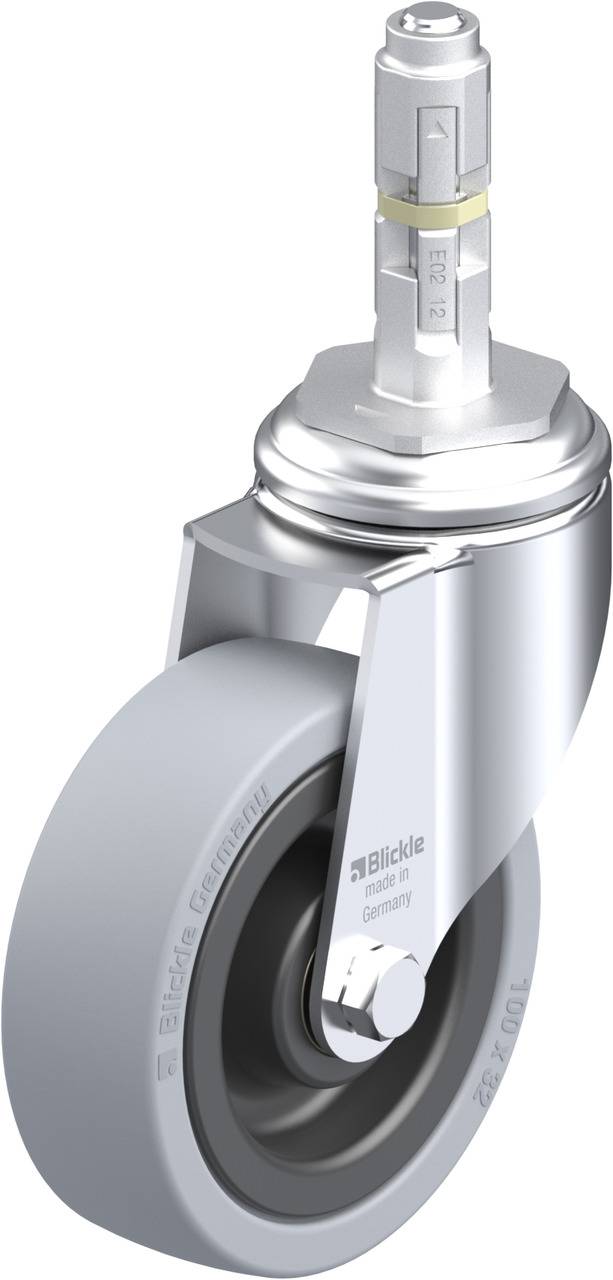 Industrie-Radrolle aus Metall mit grauem Gummirad, geeignet für schwere Lasten. Design betont Funktionalität und Langlebigkeit.