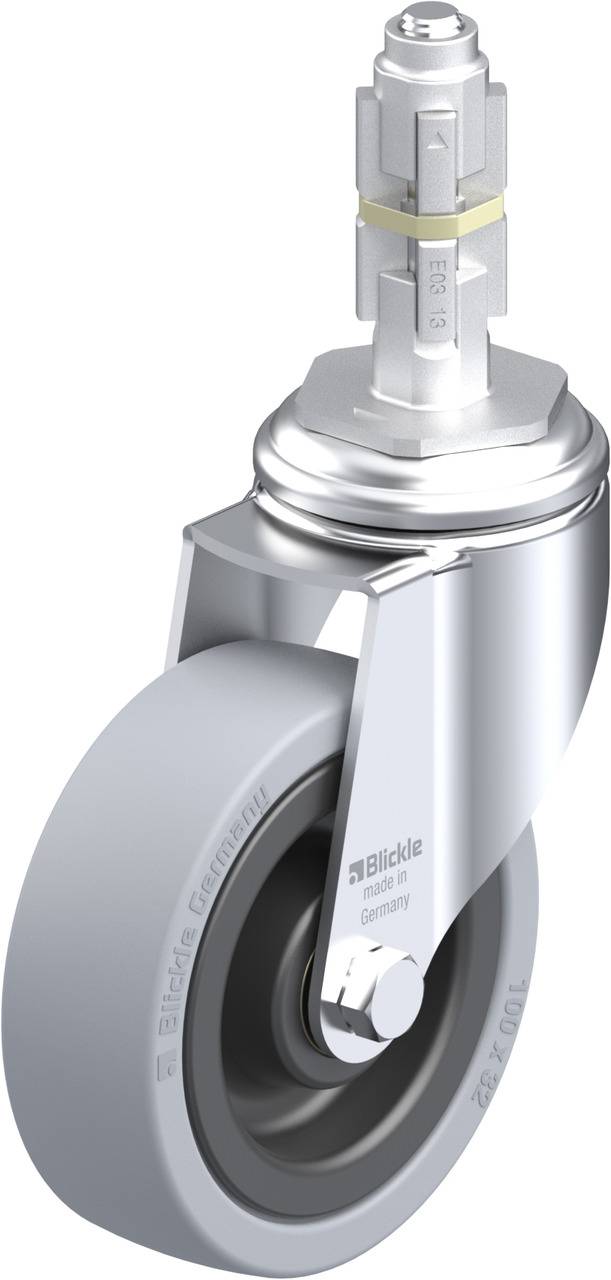 Eine schwenkbare Transportrolle mit grauem Rad und silbernem Gehäuse, geeignet für industrielle Anwendungen und Maschinen.