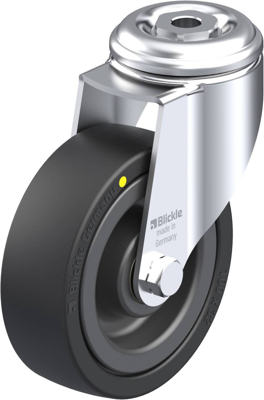 Schwenkrolle aus Metall mit schwarzem Rad und silbernem Rahmen, markiert mit 'Blickle made in Germany' an der Seite.