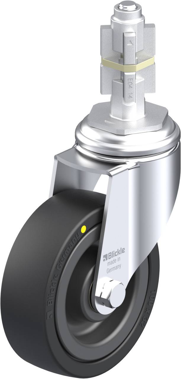 Eine silberne Lenkrolle mit schwarzem Rad, geeignet für Möbel oder Equipment, zeigt ein modernes Design mit schwenkbarer Halterung.