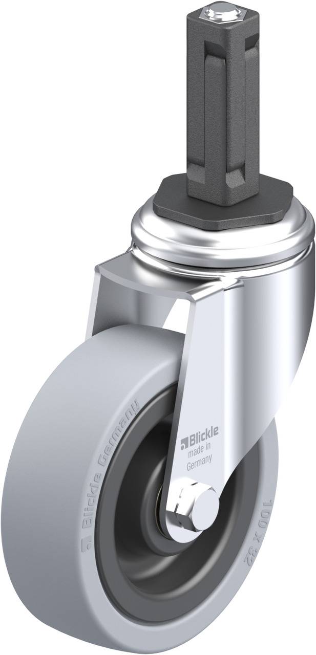 Lenkrolle mit grauem Rad und metallener Halterung, geeignet für leichte bis mittelschwere Lasten, mit einer Befestigungsstange.
