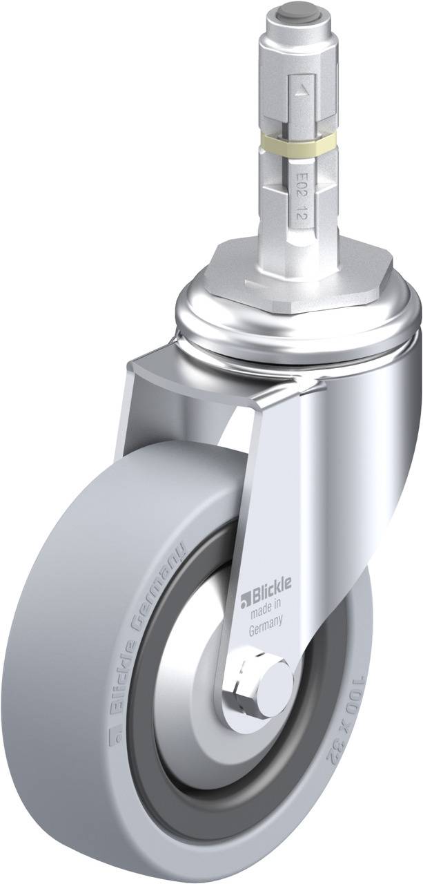 Industrie-Lenkrolle mit feststellbarer Bremse, silbernes Gehäuse, graues Rad mit glatter Oberfläche, geeignet für Maschinen oder Möbel.