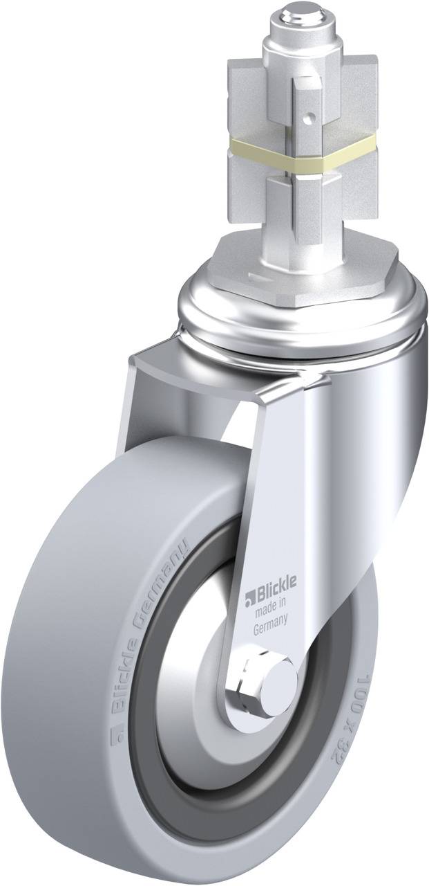 Schwenkrolle mit grauem Gummi, Metallgehäuse und zentraler Befestigungsachse, geeignet für Industrieanwendungen.