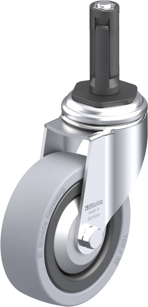 Schwenkrolle mit grauem Rad und schwarzer Stange, Marke 'Blickle'. Geeignet für Bürostühle zur einfachen Bewegung auf Böden.