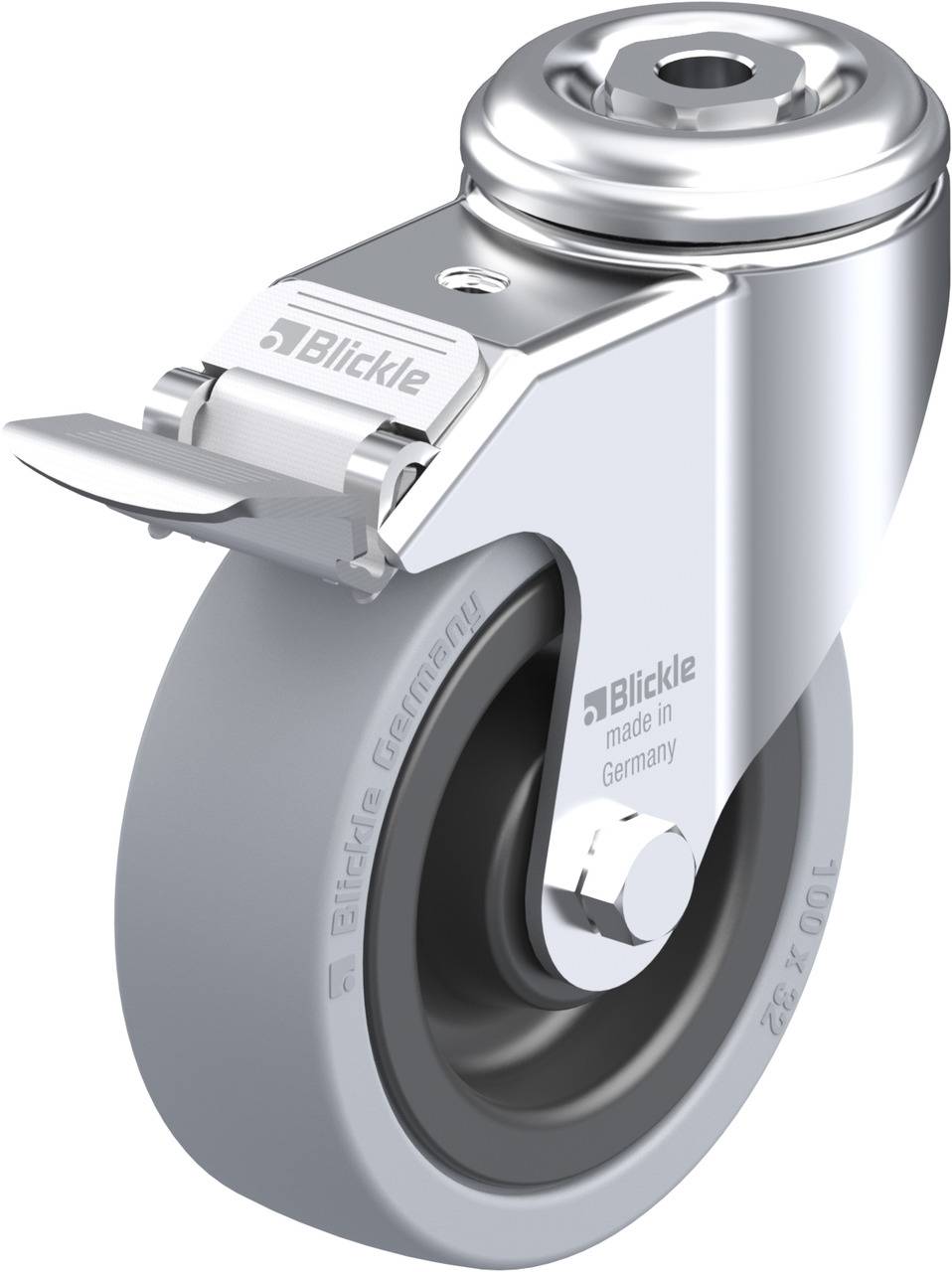 Eine graue Lenkrolle aus Metall und Kunststoff mit sichtbarem Schraubenschutz. Sie hat ein glänzendes Gehäuse und die Aufschrift 'Blickle made in Germany'.