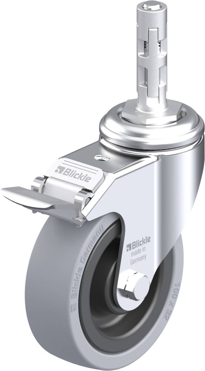 Eine einzelne graue Bockrolle mit Bremse und zylindrischem Befestigungszapfen. Sie trägt die Aufschrift 'Blickle' und 'Made in Germany'.