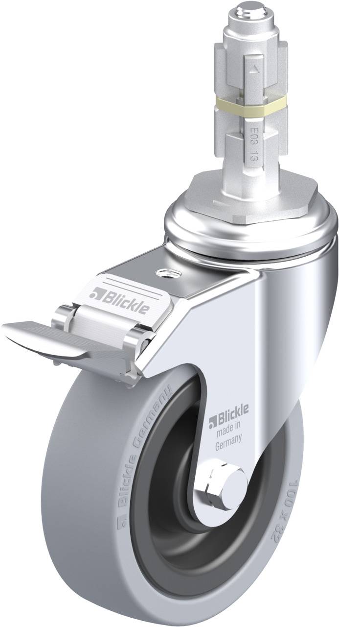 Metallisches Lenkrolle-Rad mit Bremse und zylindrischem Stift zur Befestigung. Aufschrift: 'Blickle made in Germany'.