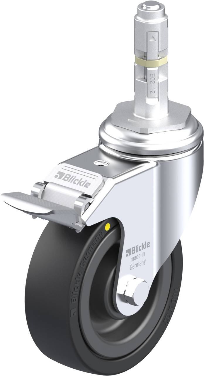 Industrielles Laufrollenrad aus Metall und Gummi mit einem Befestigungszapfen oben. Das Rad hat eine Bremse und ist in Deutschland hergestellt.