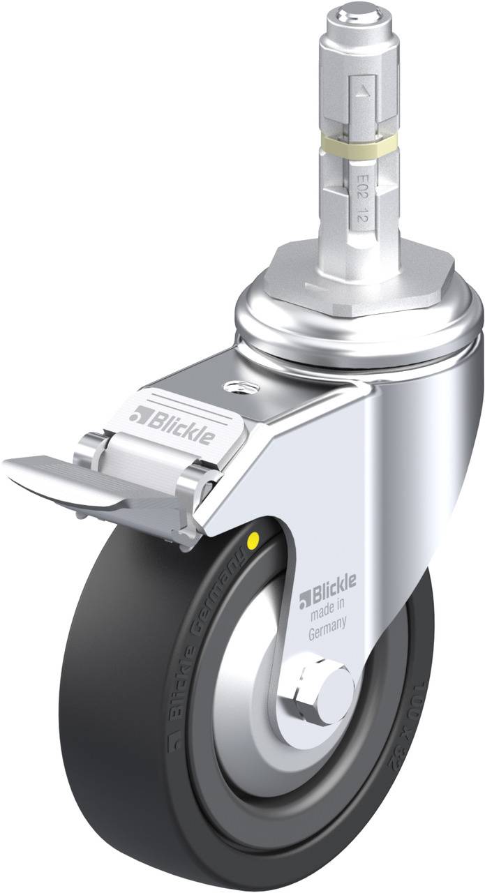 Eine robuste Lenkrolle mit schwarzem Rad und silbernem Gehäuse, passend für schwere Lasten. Marke auf dem Gehäuse ist sichtbar.