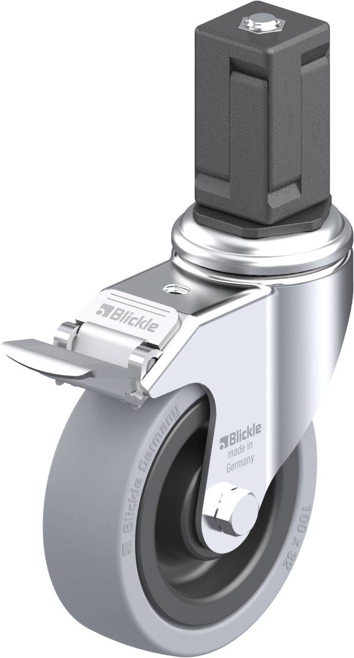 Schwenkrolle mit grauem Rad, schwarzer Halterung und Bremssystem, dargestellt in Seitenansicht.