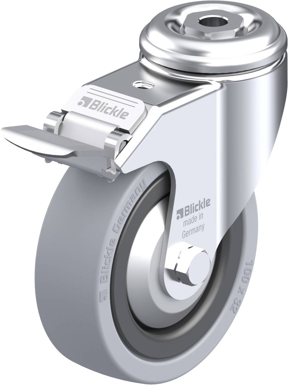 Industrie-Rolle mit Metallgehäuse und Beschriftung 'Blickle made in Germany', designed für Maschinen oder Transportgeräte.