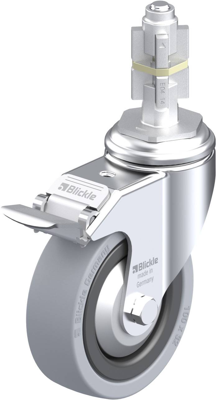 Lenkrolle mit grauer Gummibereifung, Metallgehäuse und montierter Bremse, geeignet für industrielle Anwendungen. Hersteller 'Blickle'.
